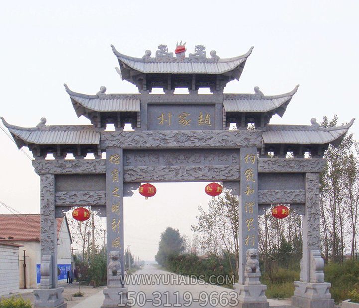 青石浮雕三門(mén)五樓鄉(xiāng)村牌坊雕塑擺件