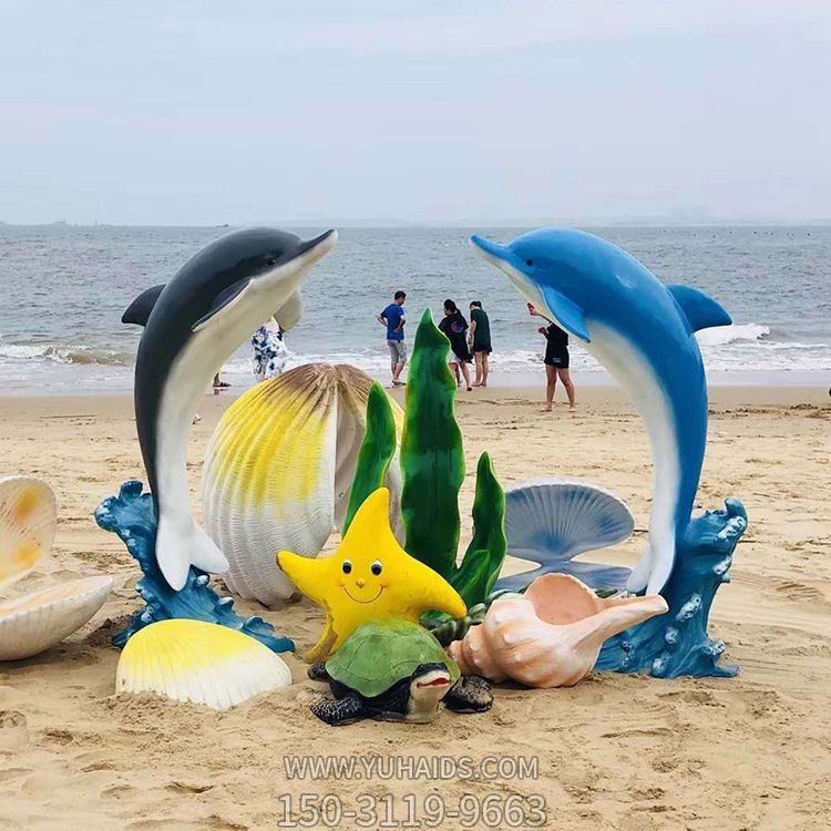 海邊創意玻璃鋼彩繪海洋動物海豚雕塑