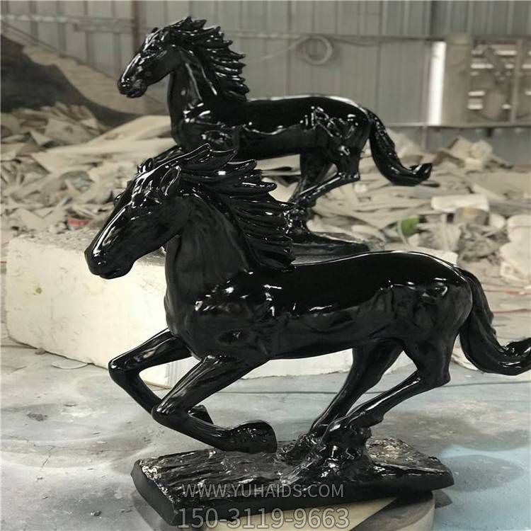室內家用玻璃鋼奔跑的黑色駿馬擺件雕塑