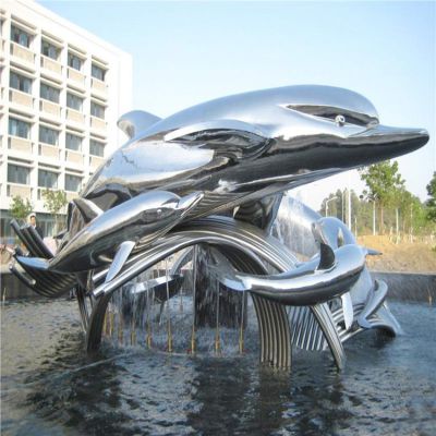 企業廣場噴泉水池不銹鋼拋光工藝海豚群擺件