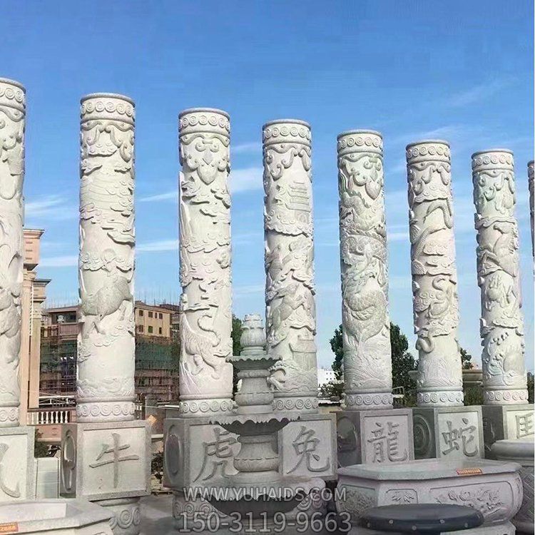 景區擺放大理石浮雕十二生肖動物文化石柱雕塑