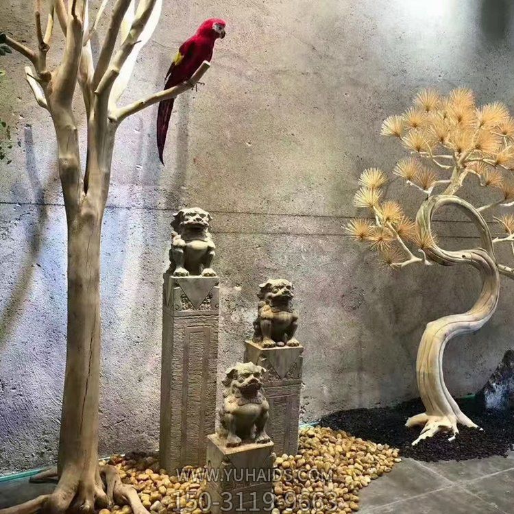 獅子栓馬柱，古建庭院裝飾擺件雕塑