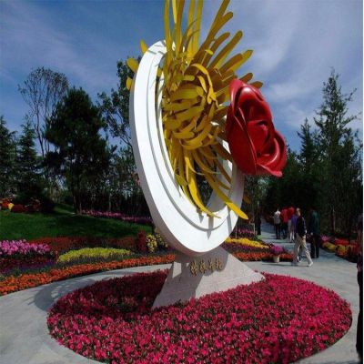 姊妹并艷，不銹鋼創意玫瑰花、菊花景觀雕塑