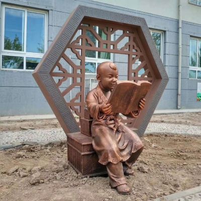 古代看書的小孩，校園鑄銅鍛銅創意學習廣場書籍雕塑