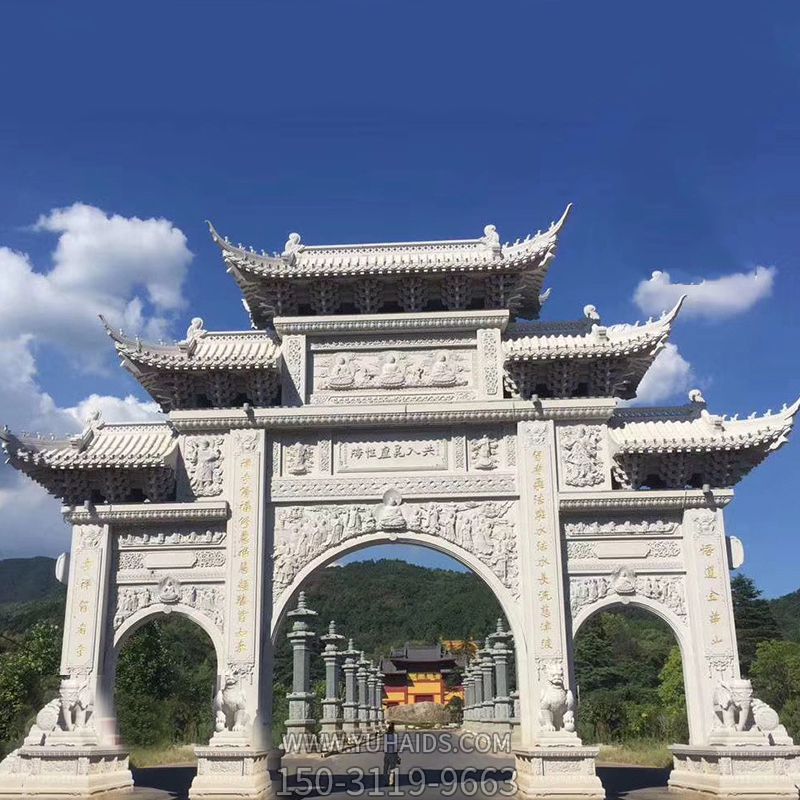 大型漢白玉寺院景區三門石雕牌樓雕塑