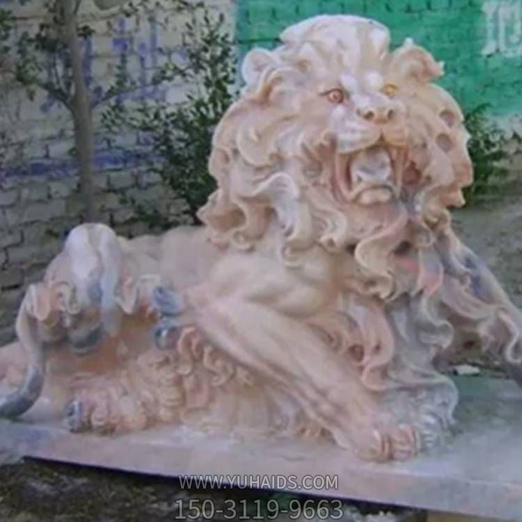 天然石材晚霞紅雕刻西方臥獅別墅小區門口擺件雕塑