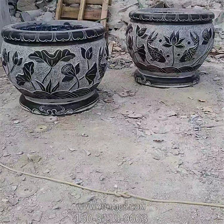鯉魚，荷花，荷葉紋飾石雕水缸雕塑