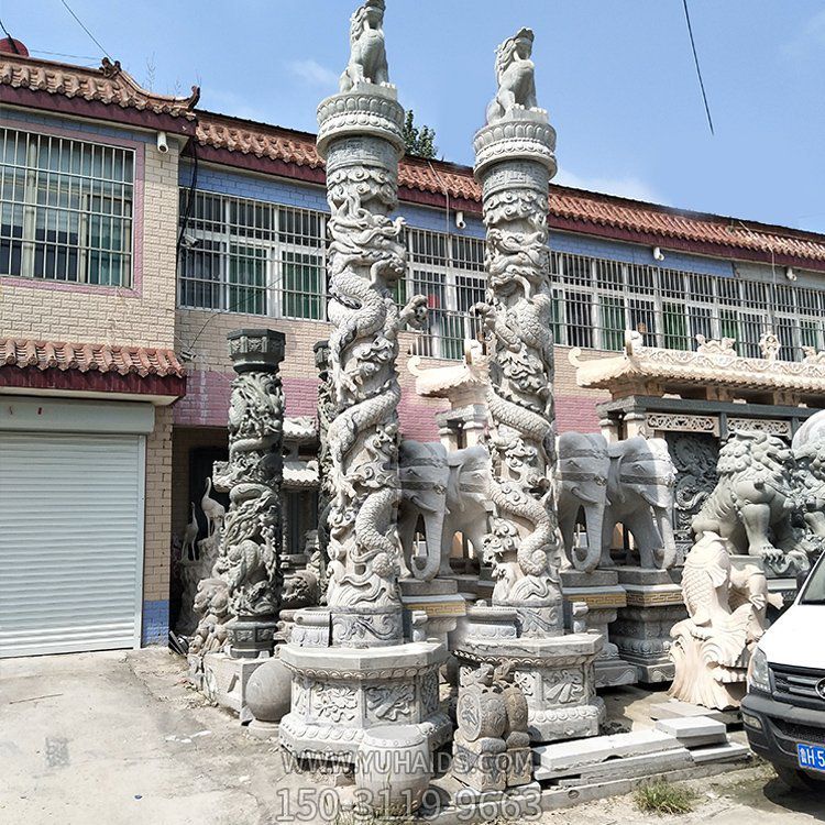 盤龍柱，花崗巖高浮雕龍柱子雕塑