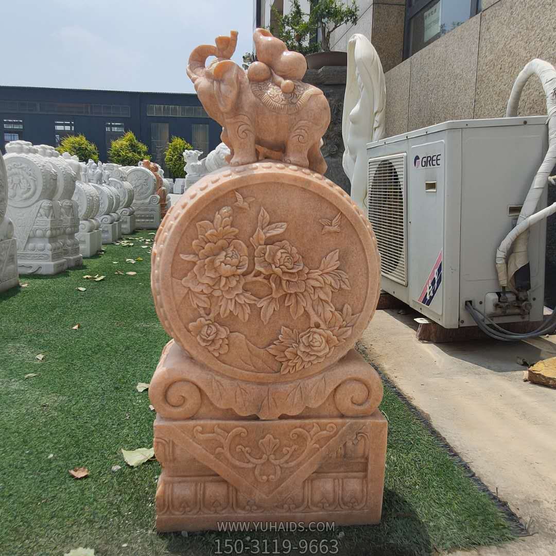 別墅戶(hù)外擺放一對(duì)晚霞紅抱鼓小象動(dòng)物擺件雕塑