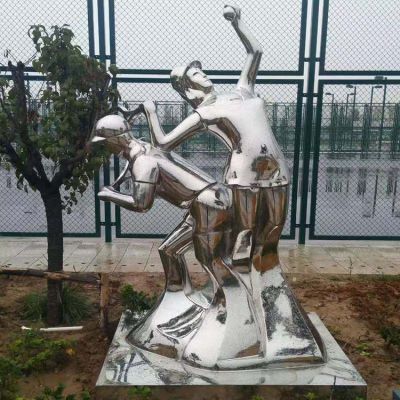 打網球，不銹鋼鏡面抽象體育運動人物景觀雕塑